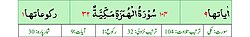 Qurʼon nusxalaridan biridagi Humaza surasi sarlavhasi. Yuqorida oʻngdan: 1. Oyati 9, 2. Markazda qizil rangda sura tartib raqami 104, qora rangda - Humaza surasi va Makkiy, qizil rangda nozil boʻlgan tartibi - 32, 3. Rukuʼsi soni - 1; Pastda oʻngdan: 1. Sura:Makkiy, 2. Tilovat tartibi:104, 3. Nozil boʻlish tartibi:32, 4. Rukuʼsi:1, 5. Oyati:9, 6. Porasi (Juzi):30 deb koʻrsatilgan.