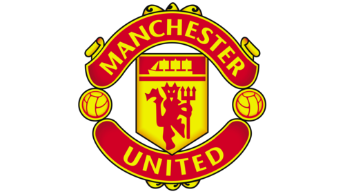 The words "Manchester" and "United" surround a pennant featuring a ship in full sail and a devil holding a trident.
